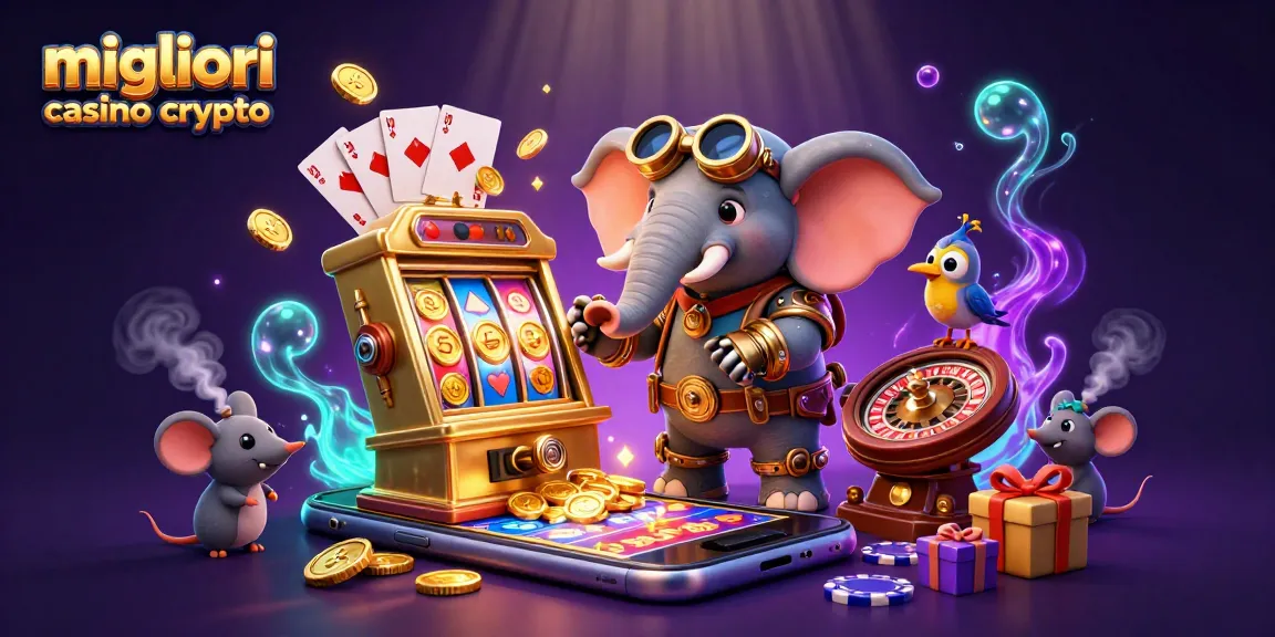Scopri i migliori casino crypto con un'illustrazione dinamica di un ingegnere elefante steampunk e un gameplay avvincente.