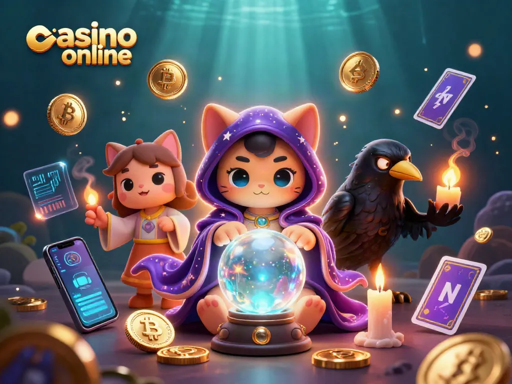 Disfruta del casino online con personajes místicos y elementos de criptomonedas en una ilustración vibrante.