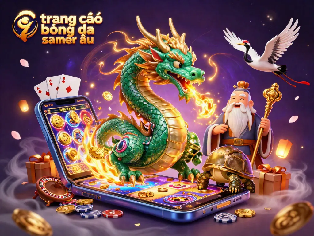 Hình ảnh trang cá độ bóng đá châu âu với rồng ngọc bích và các biểu tượng cá cược khác.