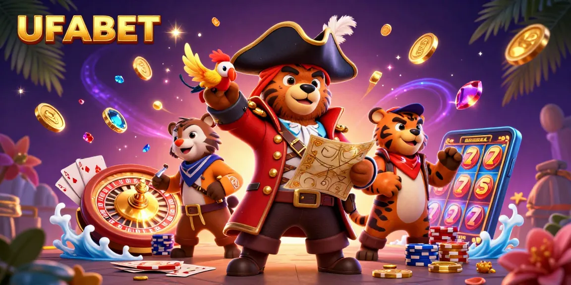 Experience thrilling gaming action with UFABET’s colorful 3D digital illustration showcasing exciting casino elements.