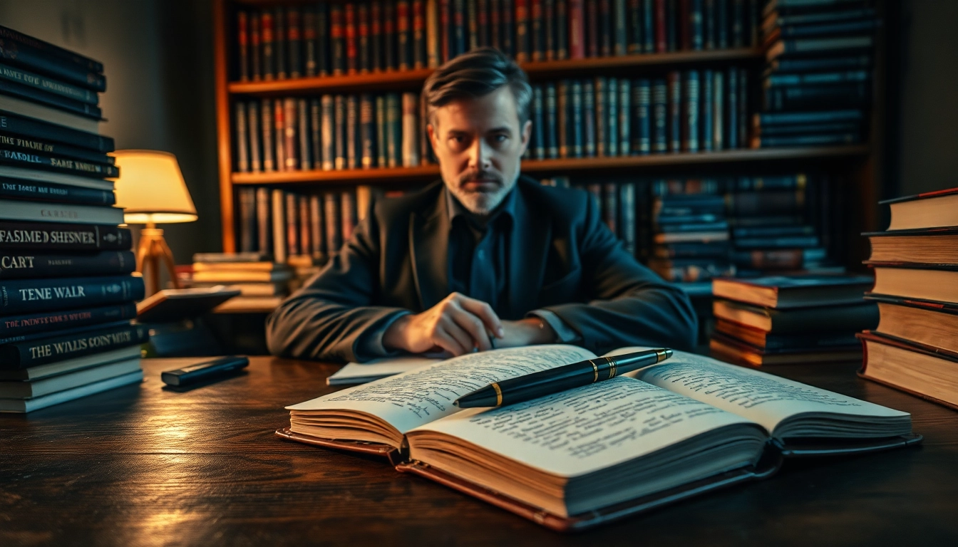 Thriller author writing notes at a vintage desk amidst suspenseful novels.
