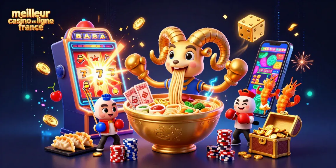Meilleur casino en ligne France avec un bol de ramen géant jouant des cartes et des jetons dans une illustration dynamique