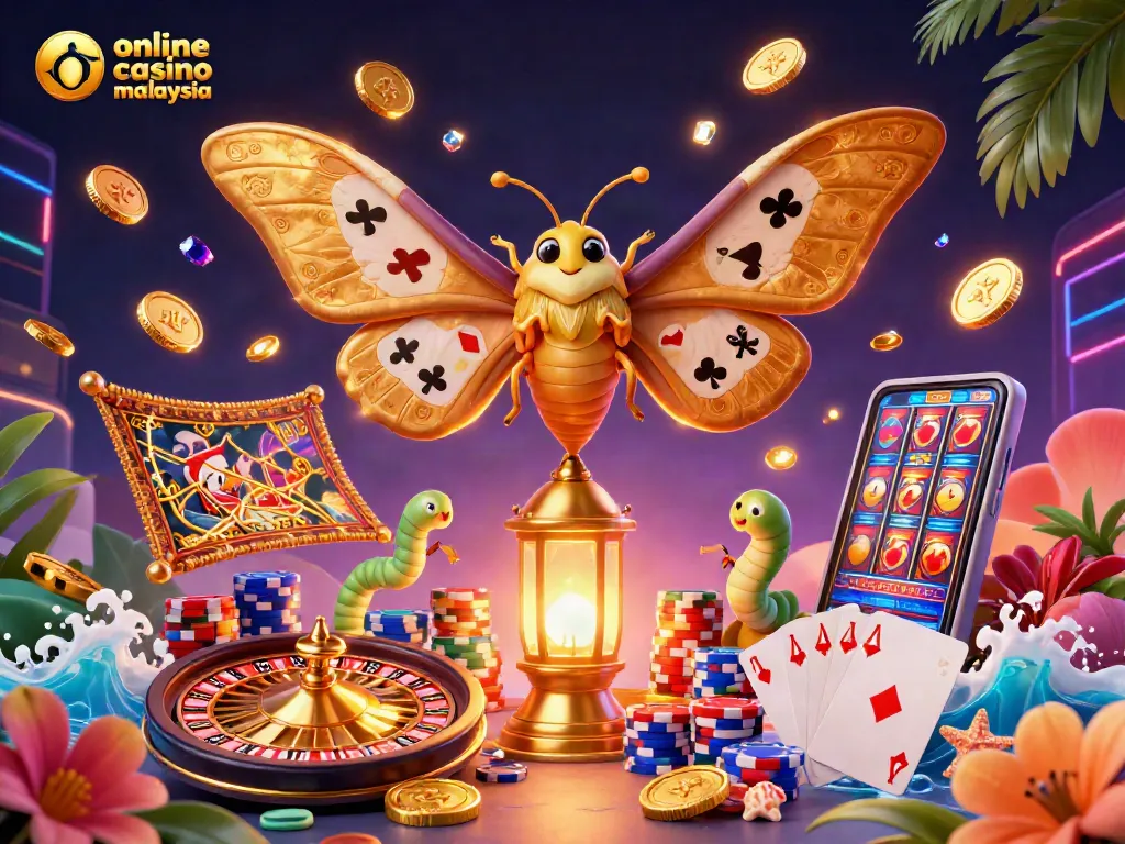 Experience the excitement of an online casino malaysia scene featuring an atlas moth, casino symbols, and vibrant game elements.