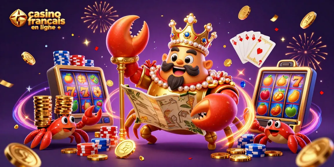 Illustration captivante de casino français en ligne mettant en scène un crabe doré et des jetons brillants.
