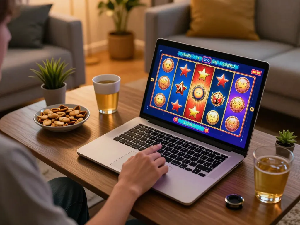 Engaging in slot gacor siang ini on a laptop while enjoying a cozy home gaming atmosphere.