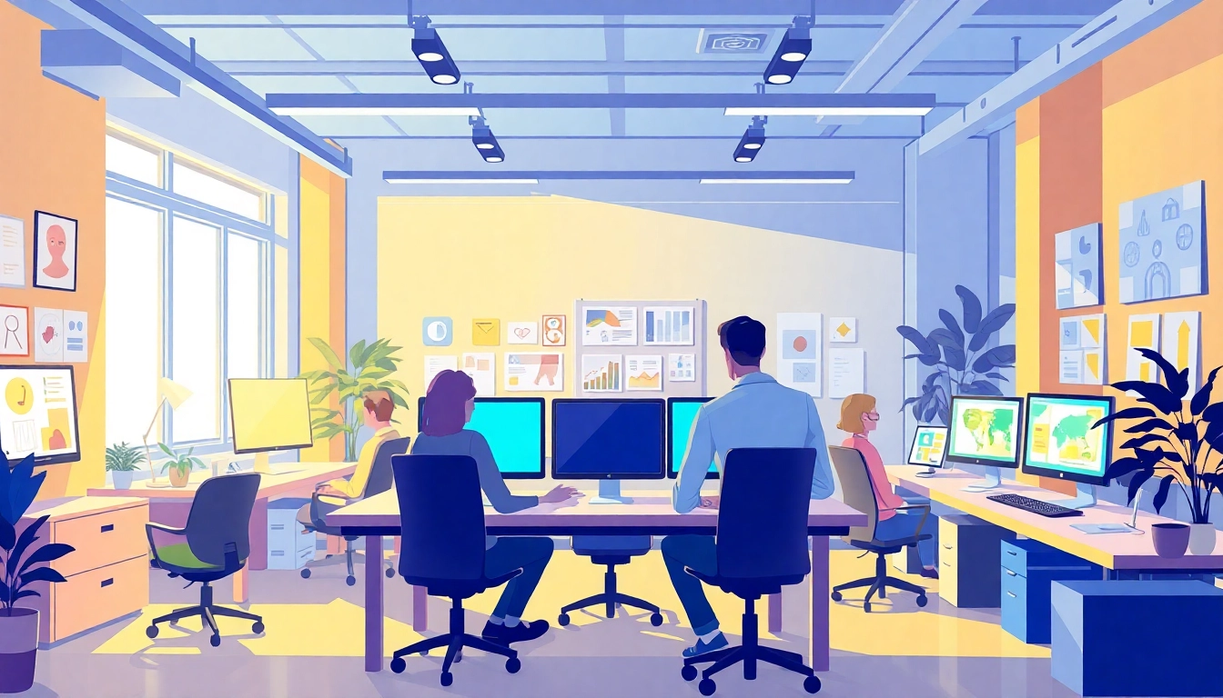 Animationsstudio kreative Zusammenarbeit in einem modernen Büro mit lebhaften Farben.