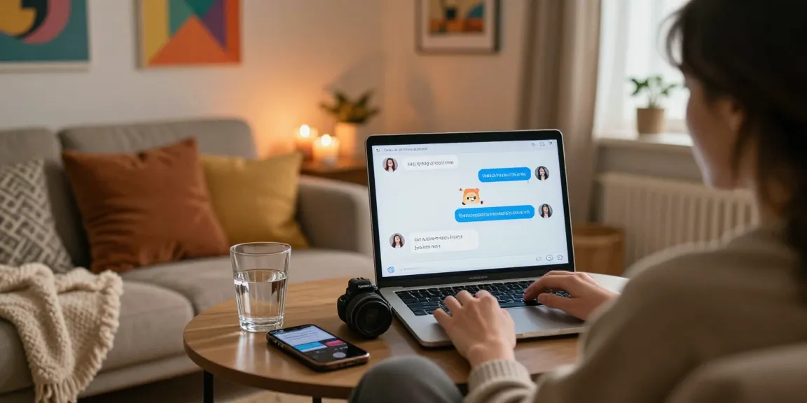User enjoying a conversation with an engaging NSFW chat bot in a cozy living room setting, showcasing a relaxed atmosphere.