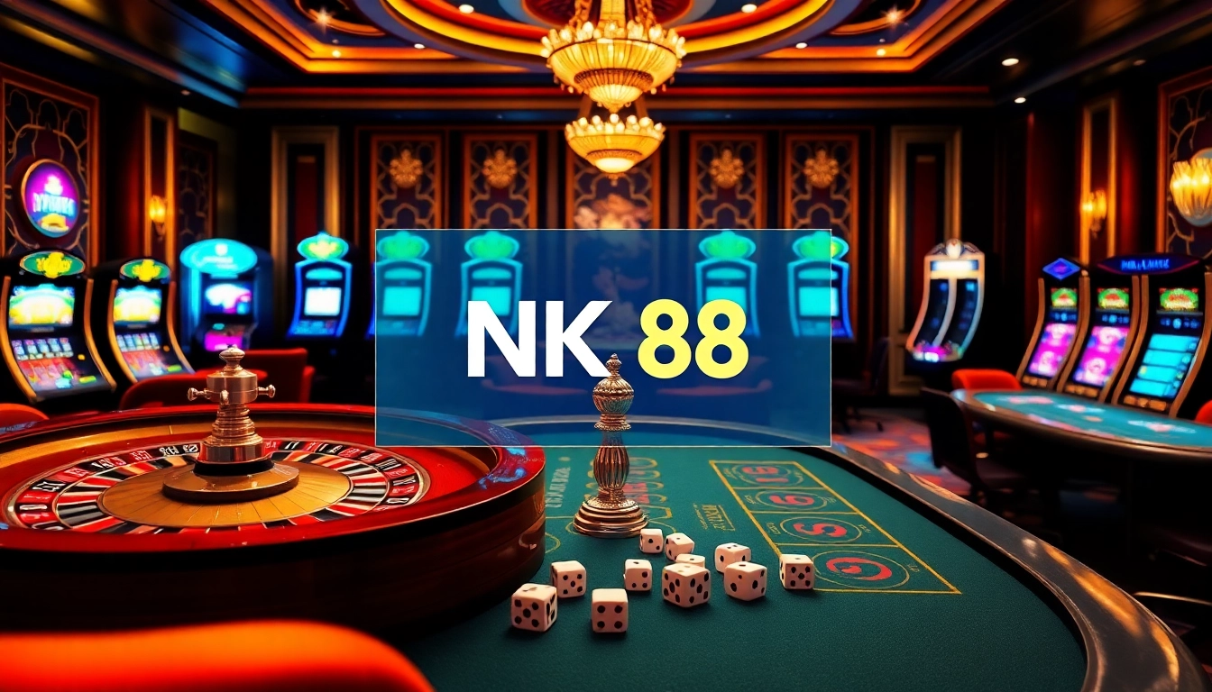 Players enjoying poker and roulette at NK88-themed casino with vibrant ambiance and exciting gaming elements.