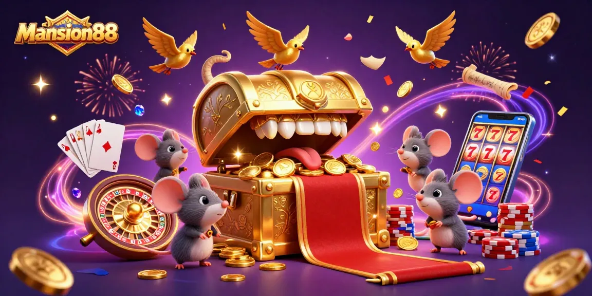 Mansion88 invites players to win big in a vibrant casino scene with treasure chests, cards, and coins.