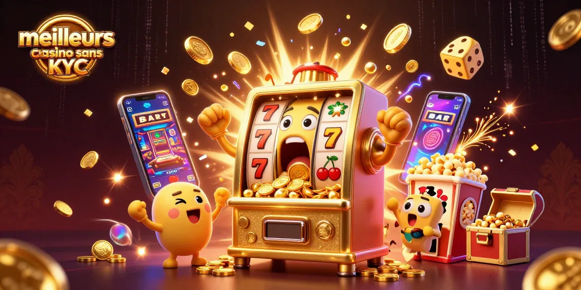 Illustration dynamique des meilleurs casinos sans KYC avec des machines à sous dorées et des gains explosifs.