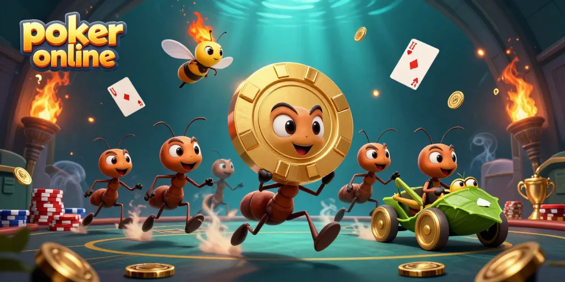 Jouez au poker en ligne avec des fourmis animées transportant un jeton d'or géant, illustration captivante.