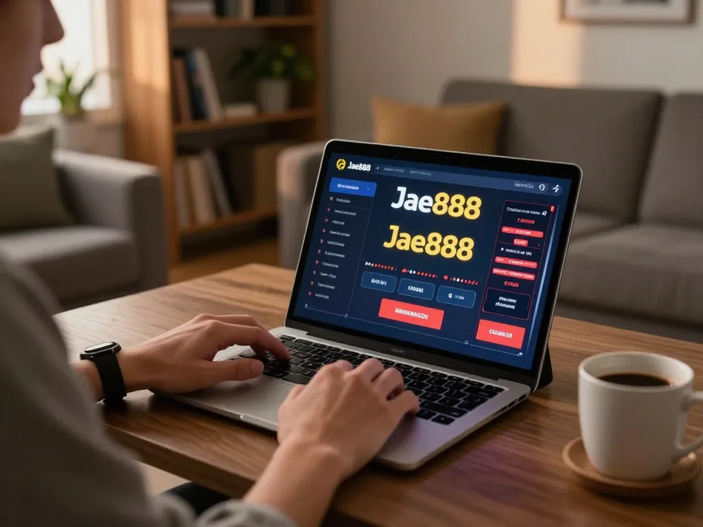 Player exploring jae888 casino on a tablet in a cozy living room, promoting responsible gaming.