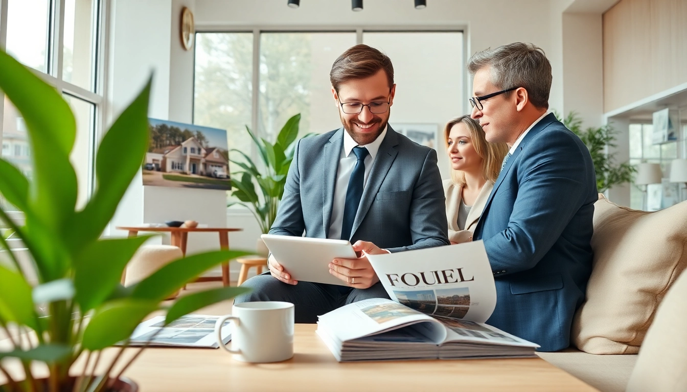 Engaging real estate agent consulting clients in a modern office filled with listings.