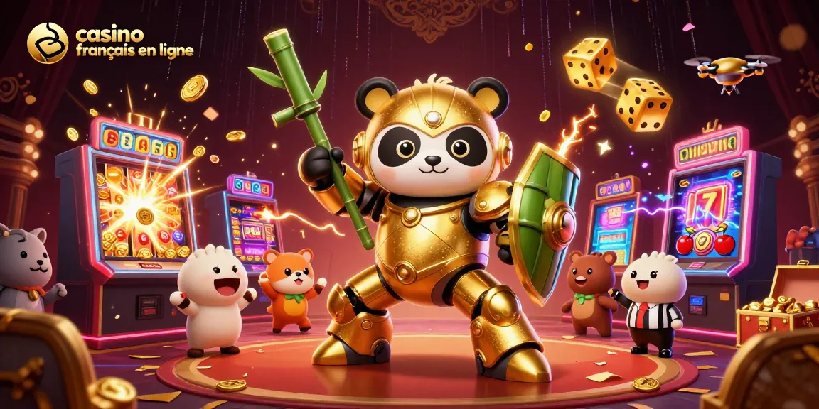 Revivez l'excitation d'un casino français en ligne avec une illustration dynamique de jeux et de bonus.