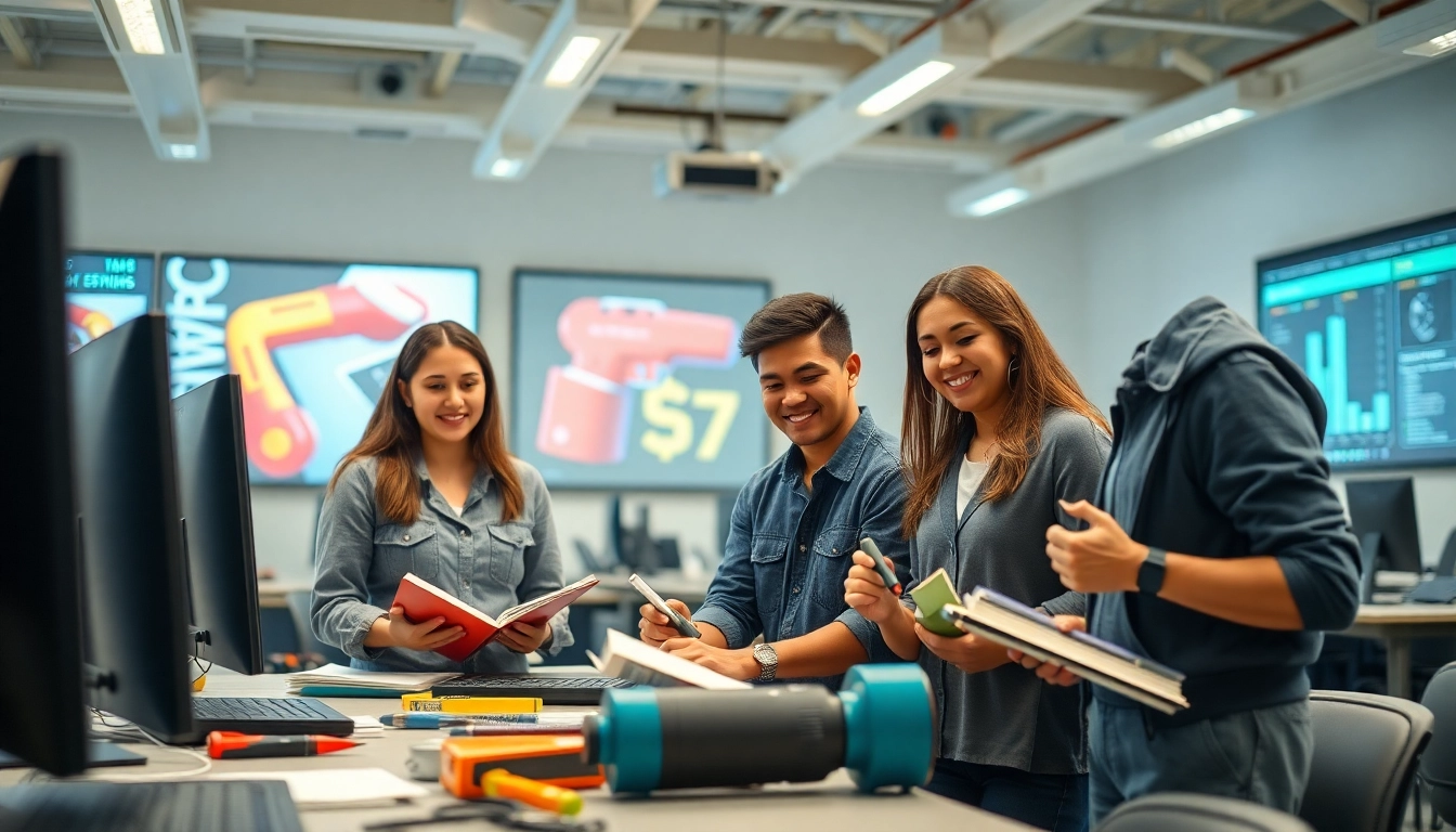 Enthusiastic students at a Trade School In Tennessee practicing hands-on skills in a bright classroom.