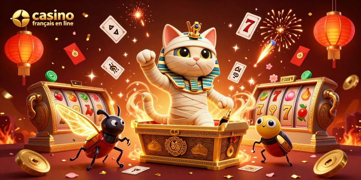 Jouez au casino français en ligne avec un chat momifié et un scarabée, entourés d'éléments de jeu.