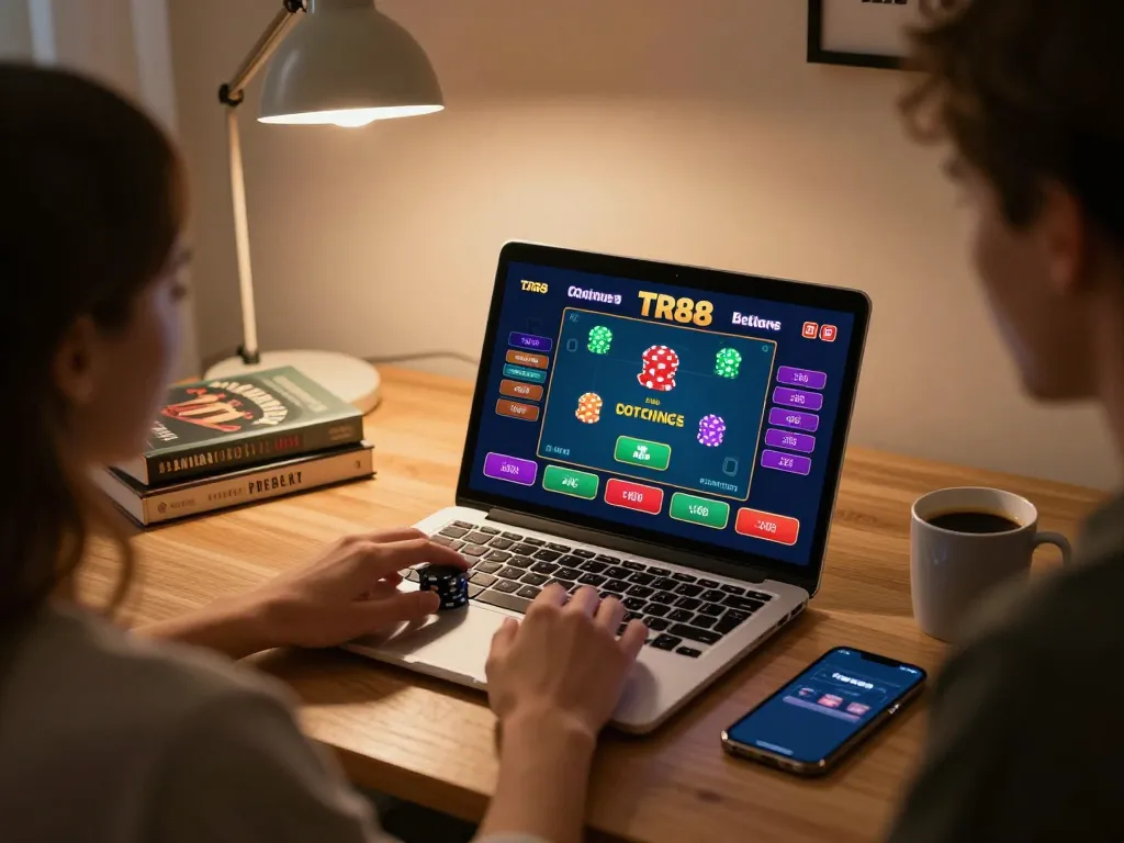 Engaging in TR88 online betting with a comfortable home gaming setup featuring a laptop and strategy notes