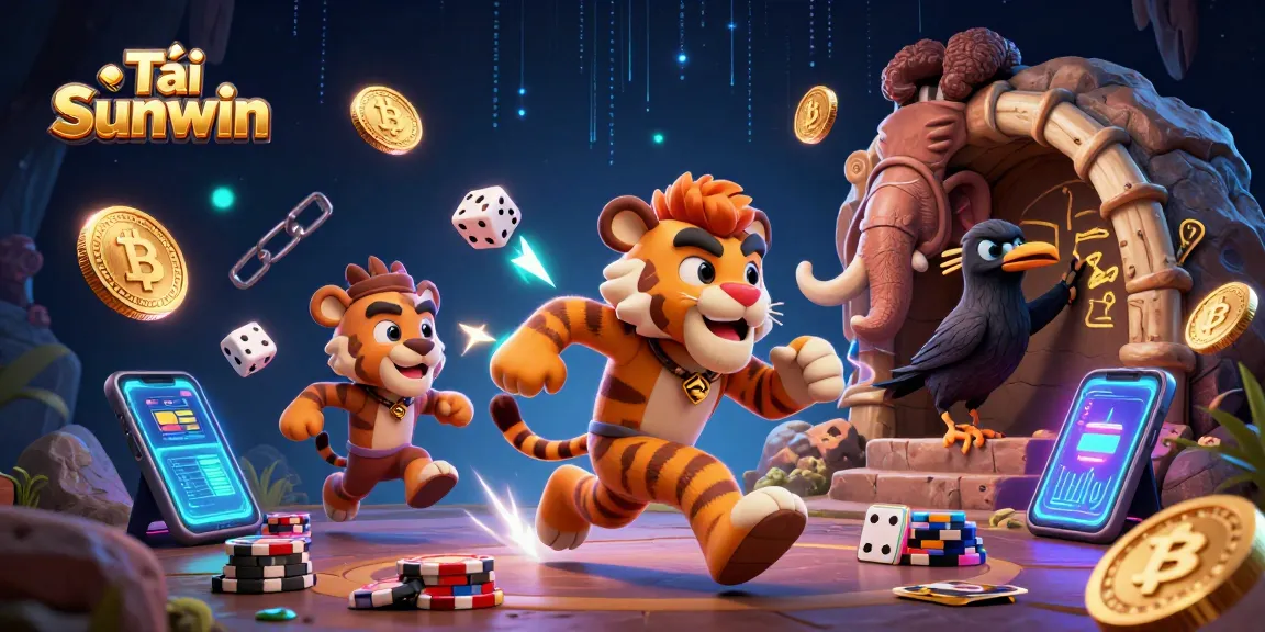 Tải Sunwin and win big with a dynamic prehistoric casino scene featuring cavemen and crypto elements.