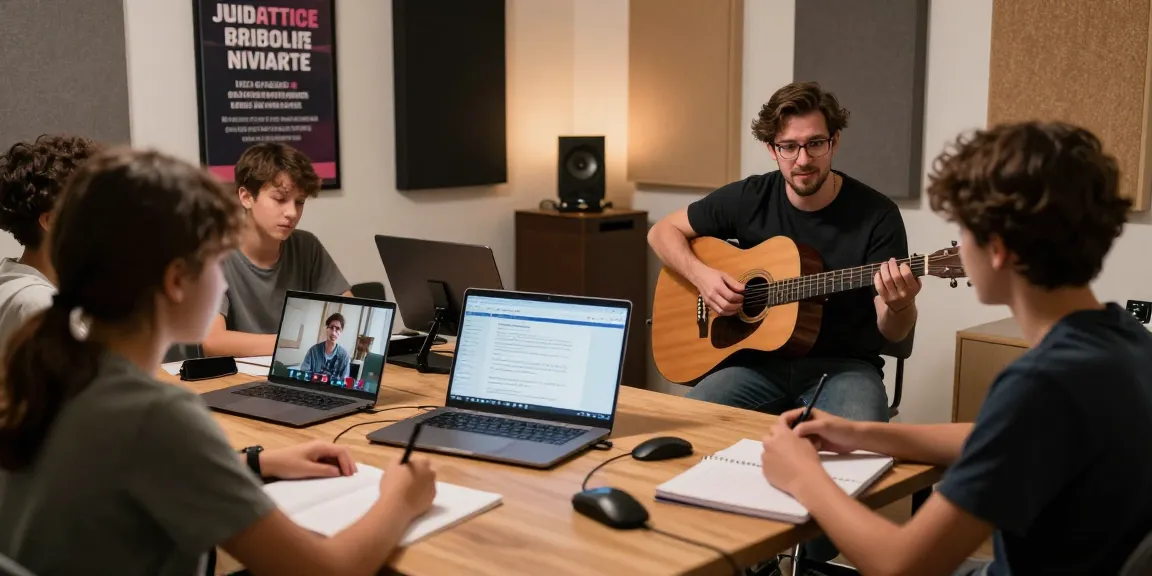 Engaging Guitar Instructor Online session with diverse students in a cozy music studio.