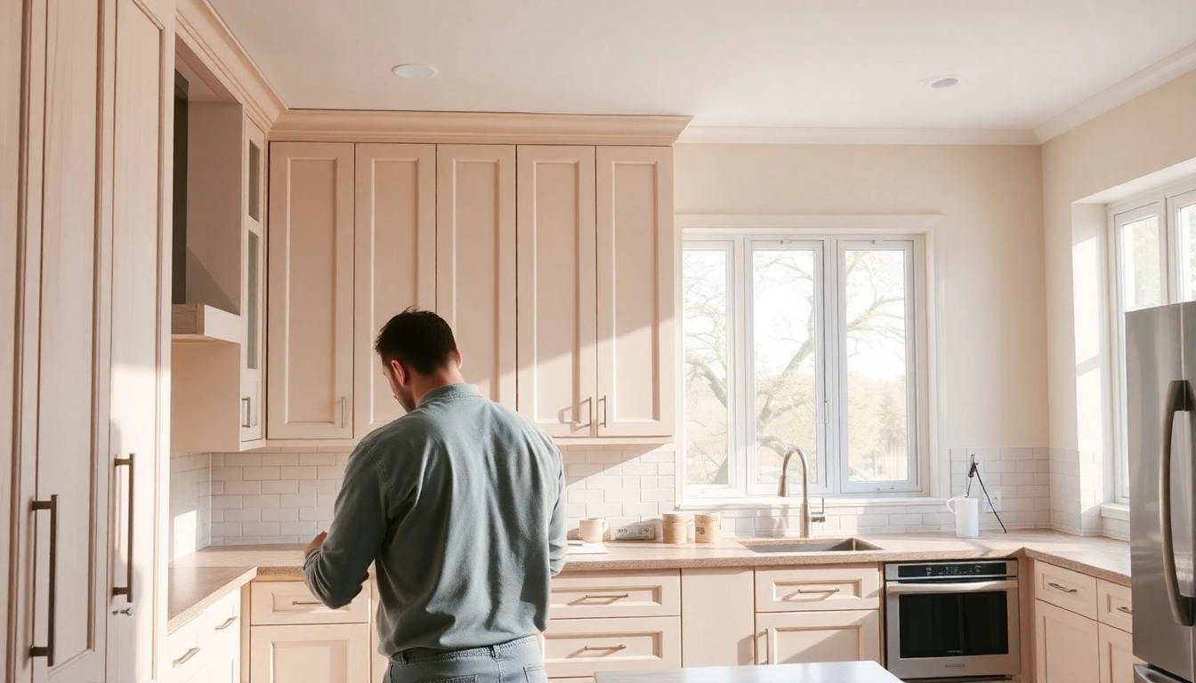 Transforming cabinets with cabinet refacing Largo FL services, featuring a skilled craftsman at work.