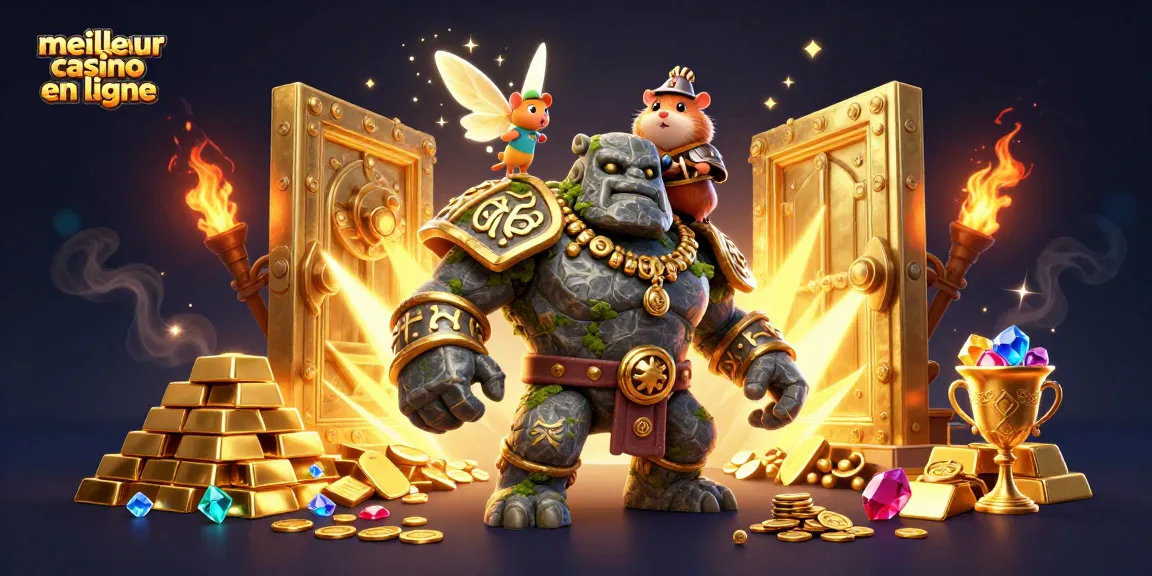 Le meilleur casino en ligne présente une scène dynamique avec un golem magique, une fée et un hamster chevalier.
