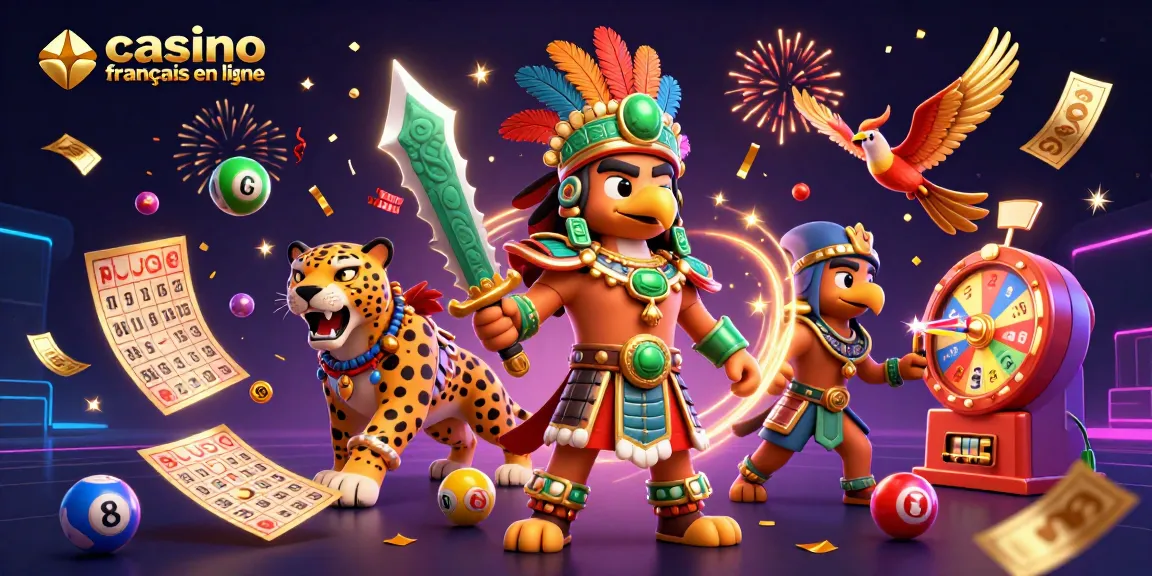 Jouez à casino français en ligne avec des guerriers aztèques animés et des éléments de loterie colorés.