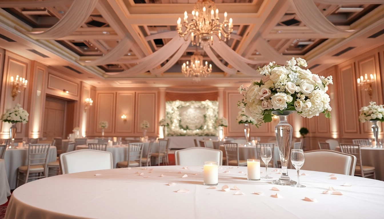 Ein wunderschöner Hochzeitssaal mit eleganter Dekoration und sanfter Beleuchtung erstellen.
