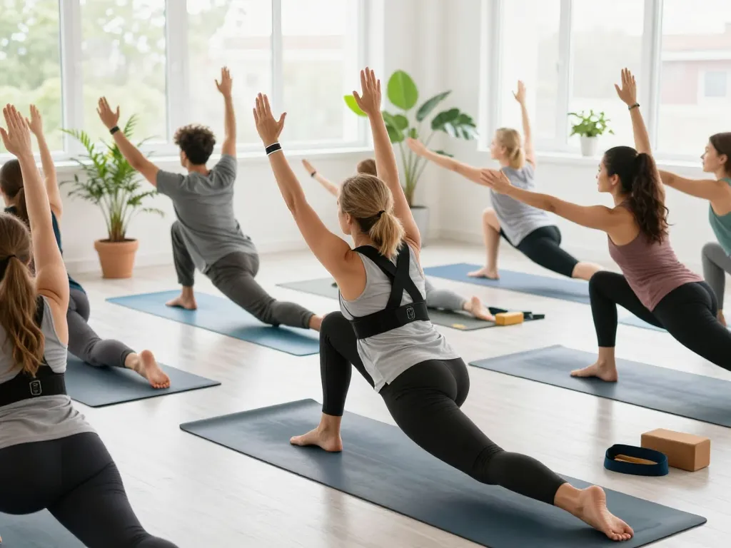 Individuals practicing yoga with a fivali back brace posture device, promoting comfort and alignment in a bright fitness studio.