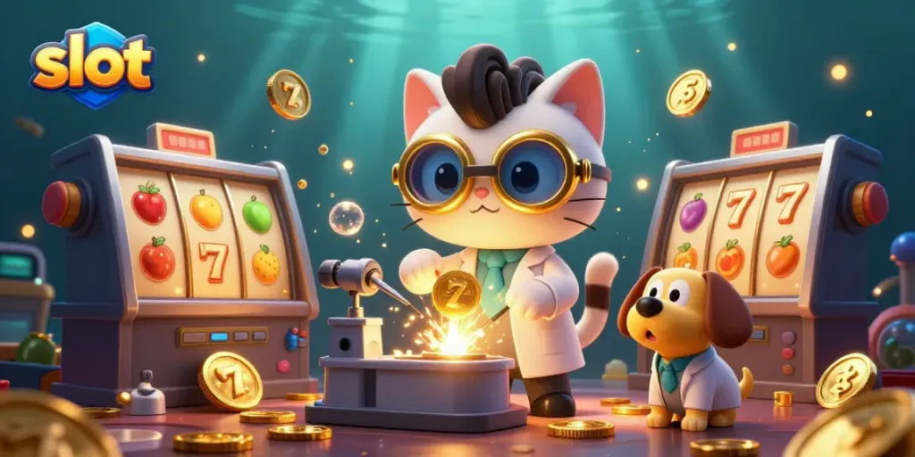 Spin the slot reels of this imaginative casino scene featuring a mad scientist cat and a dog.