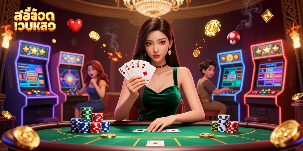 Experience the excitement of สล็อตเว็บตรง with a stunning casino illustration featuring a skilled gambler at the poker table.
