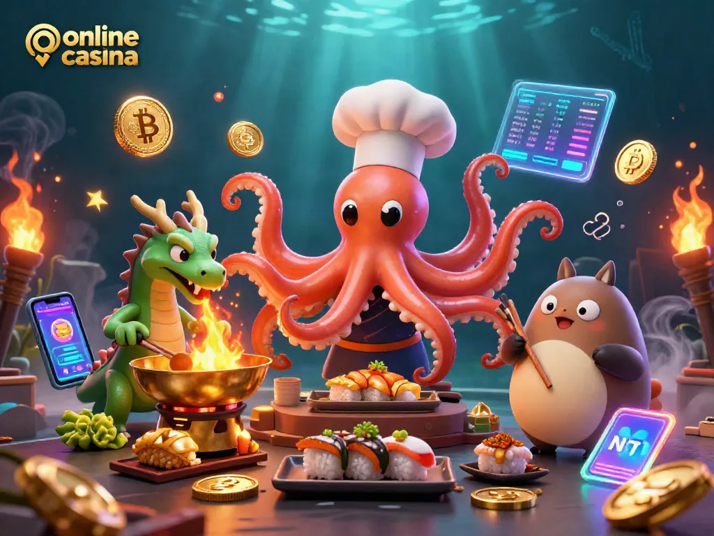 Experience online casino Malaysia excitement with vibrant 3D illustration featuring a sushi chef octopus and crypto elements.