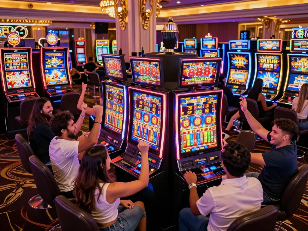 Players celebrating wins at slot machines featuring สล็อต888, showcasing vibrant casino atmosphere and joyful excitement