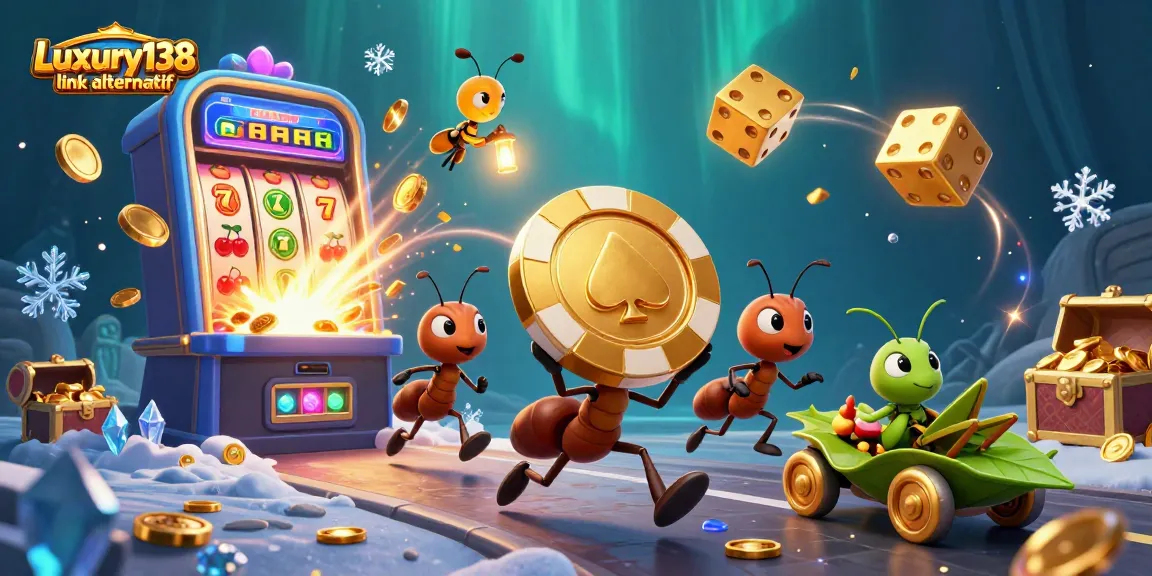 Engaging scene of Luxury138 link alternatif featuring cartoon ants in a heist with a giant poker chip among casino elements.
