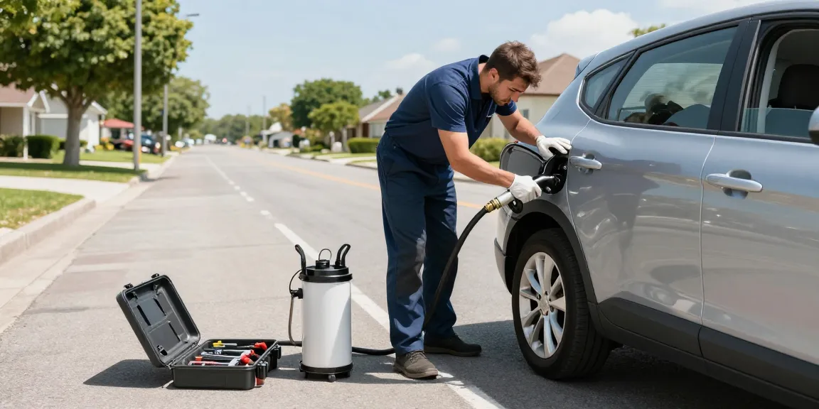 Service mechanic draining diesel in petrol car roadside, ensuring fast recovery.