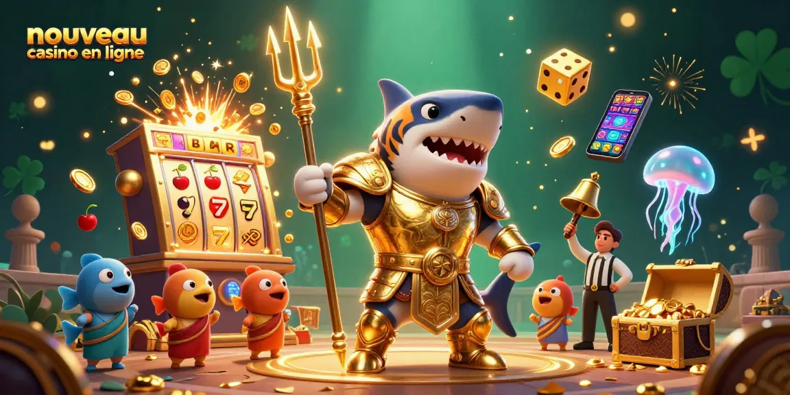 Plongez dans l'univers du nouveau casino en ligne avec un tigre requin en armure dorée dans un colisée sous-marin.