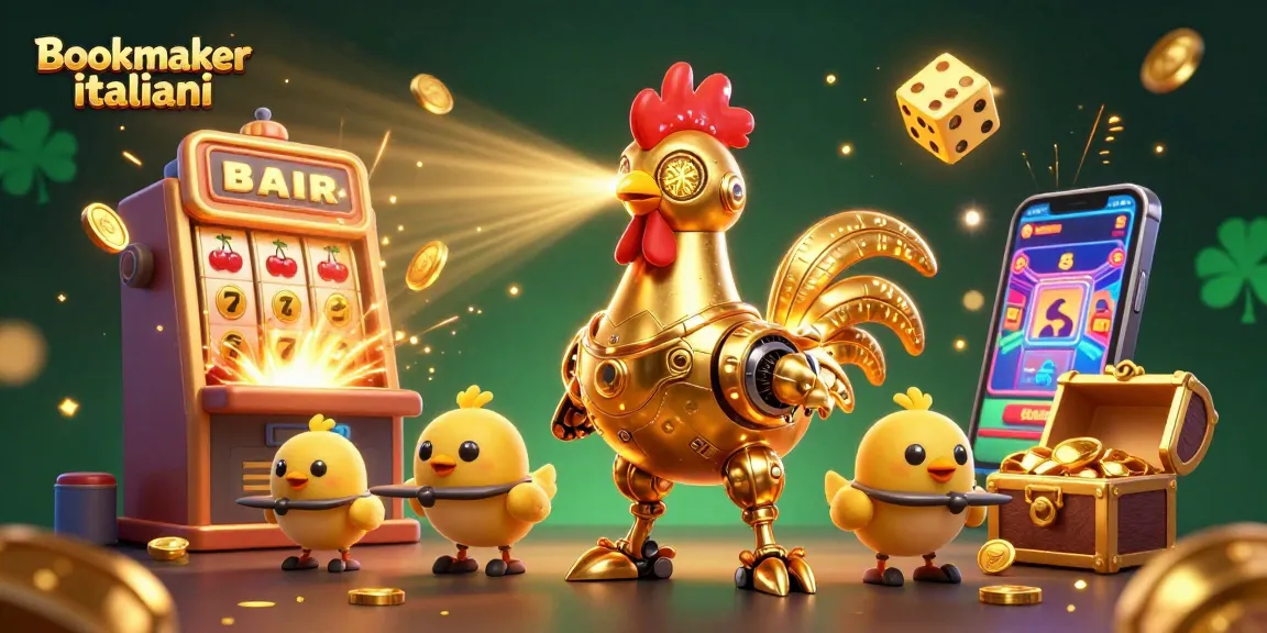 Bookmaker italiani in un'illustrazione vivace con robot gallo e simboli della fortuna mentre si verifica un'esplosione di jackpot.