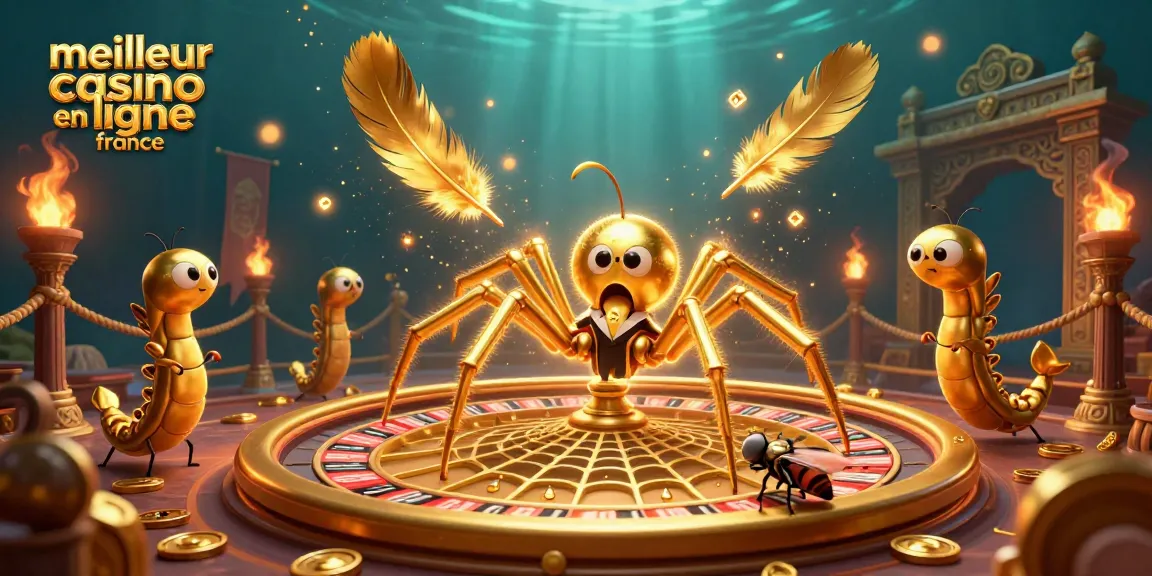 Meilleur casino en ligne France : Une araignée dorée créant une toile de roulette dans un décor vibrant.