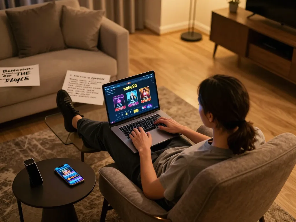 Nohu90 online casino gaming setup with a player managing their bankroll in a cozy home environment