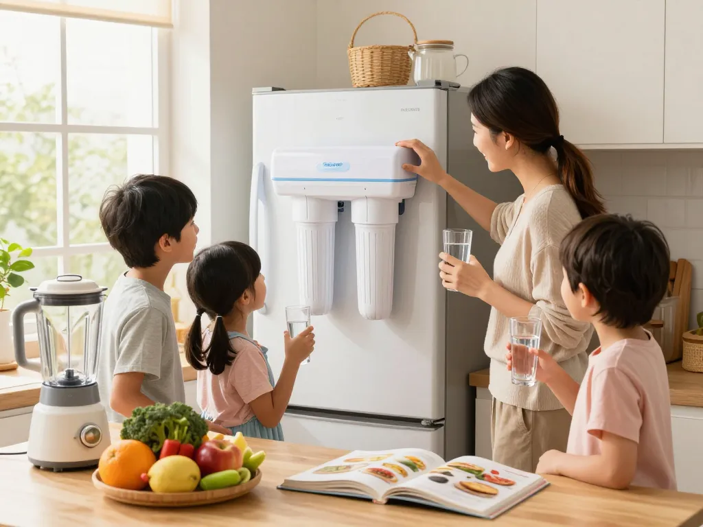 Family gathering around the Overbest DA29-00020B Refrigerator Water Filter in a cozy kitchen, emphasizing hydration and health.
