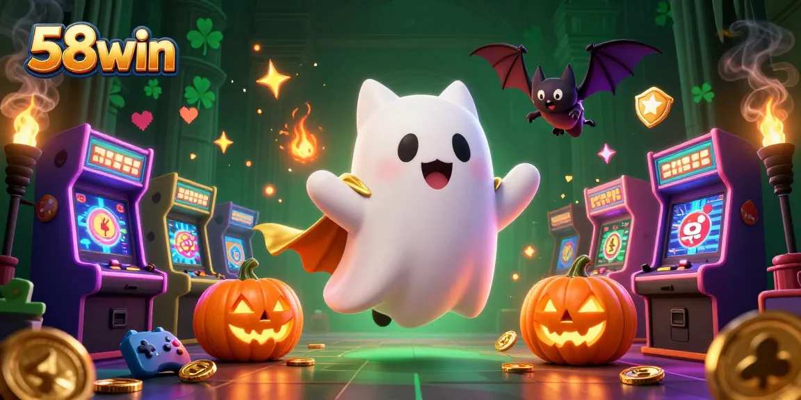Experience epic gameplay at 58win as a ghostly cat navigates a haunted casino, surrounded by vibrant arcade elements.
