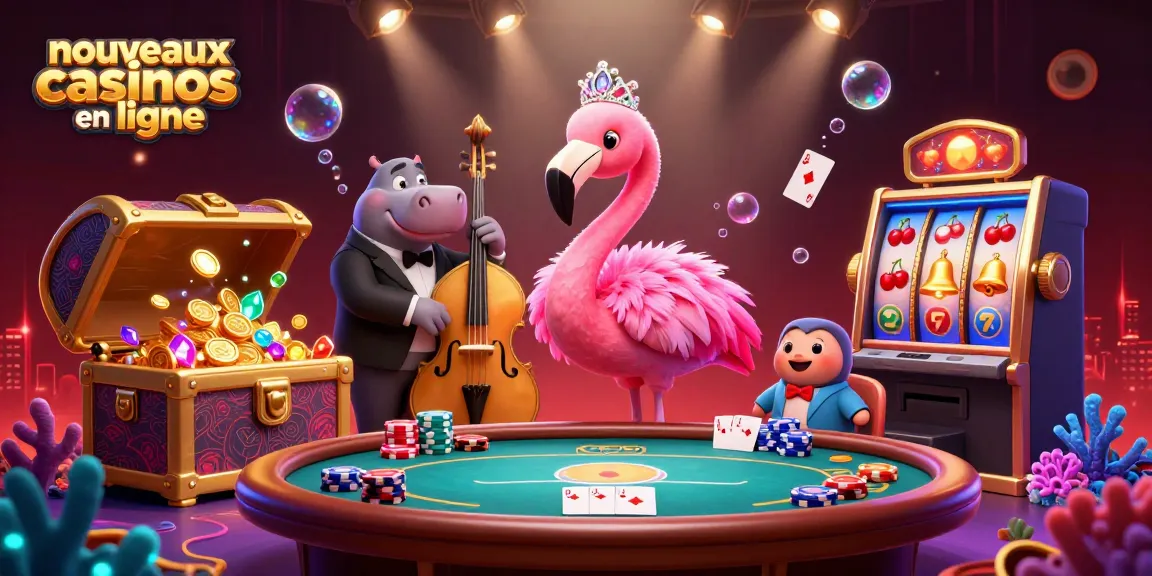 Illustration représentant des nouveaux casinos en ligne avec un flamant chanteur et un hippo musicien.