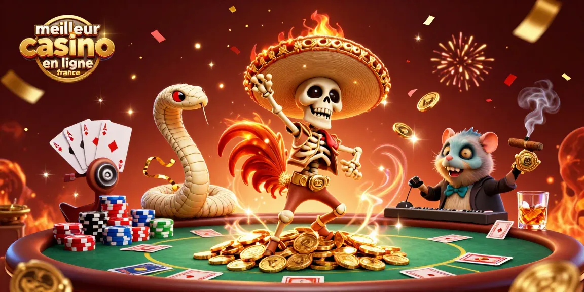 Vibrez avec le meilleur casino en ligne France en observant la danse festive du rooster mariachi entouré de jeux de poker.