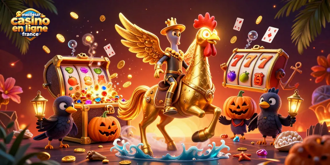Illustration du meilleur casino en ligne France avec un coq doré et des symboles de machines à sous vibrant.