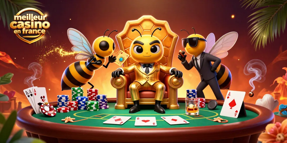 Illustration de meilleur casino en ligne France avec un chef d’abeille en costume, gardes, et éléments de poker.