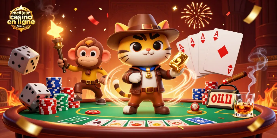Illustration 3D captivante de l'explorateur félin découvrant le meilleur casino en ligne France avec des éléments de jeux de cartes.