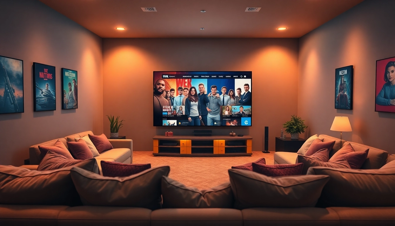 Watch TV series online free in a cozy home theater setup perfect for binge-watching.