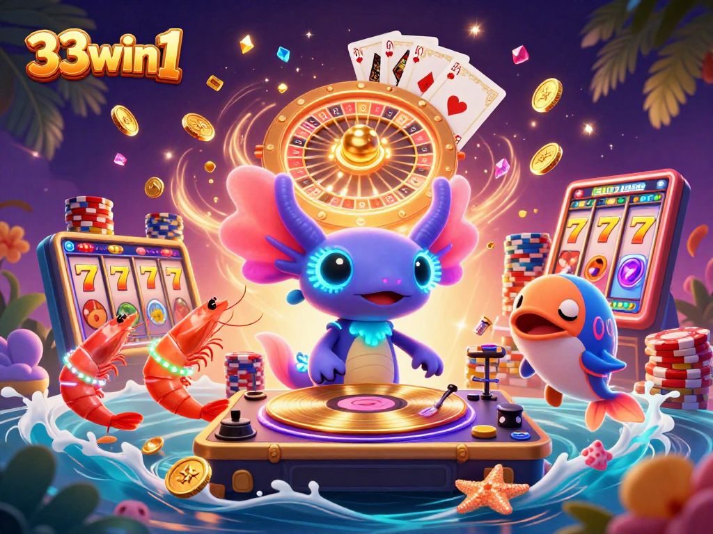 33win1 showcases a vibrant casino scene with a neon axolotl DJ surrounded by dancing sea creatures.
