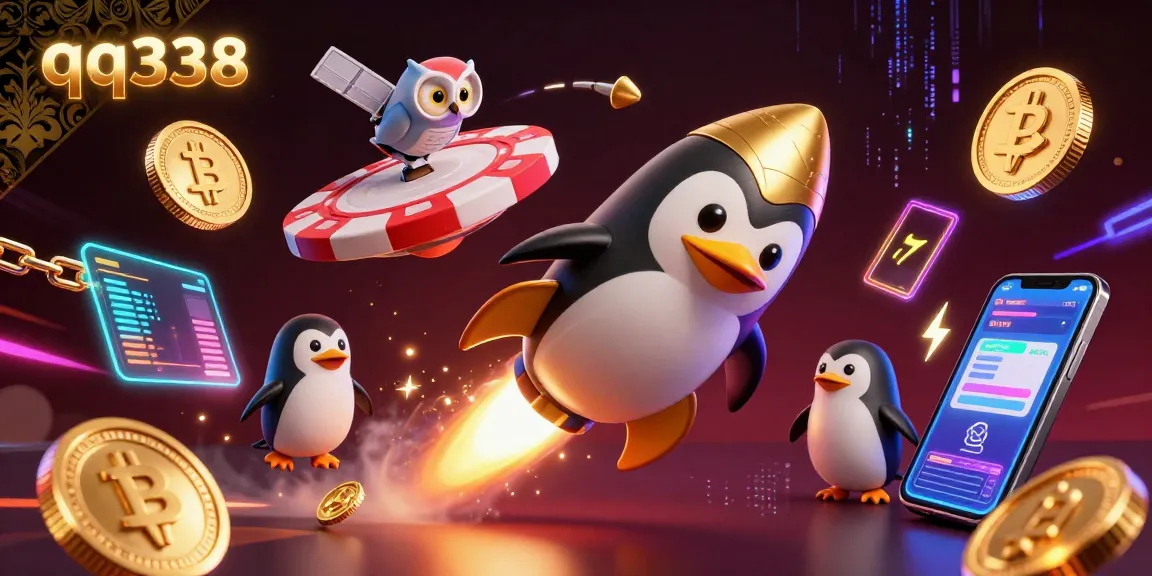 qq338 highlights a golden penguin soaring through space to a poker chip casino, showered in Bitcoin and Ethereum coins.