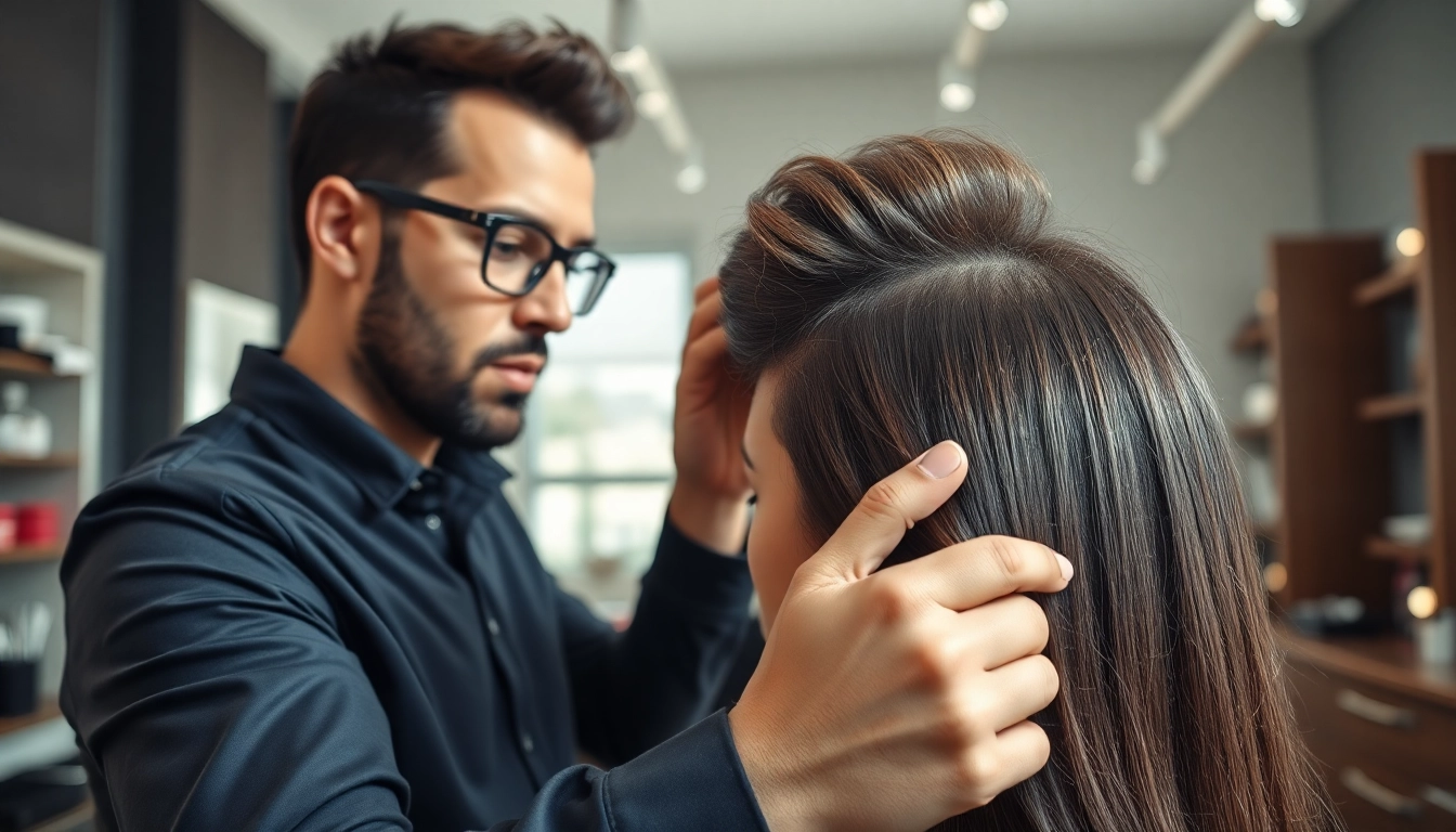Ace of Fades 212 hairstylist fitting a natural hair replacement system in a modern salon.