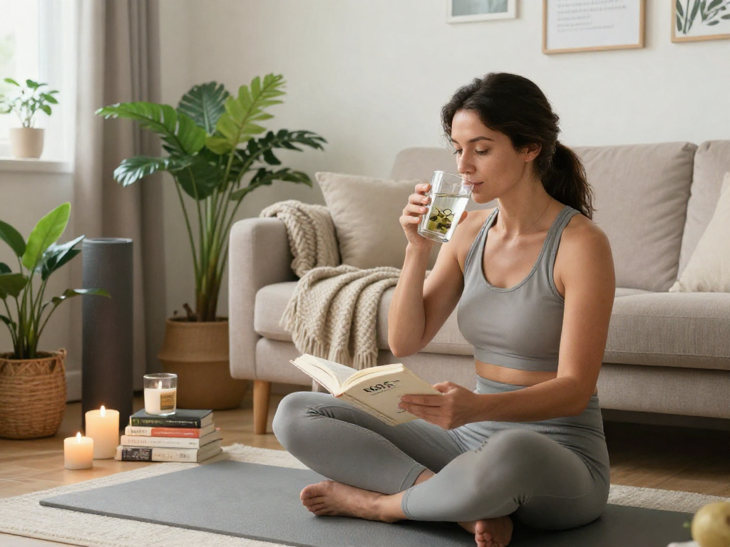 NAD+ benefits highlighted in a serene wellness scene with infused water and relaxation elements.
